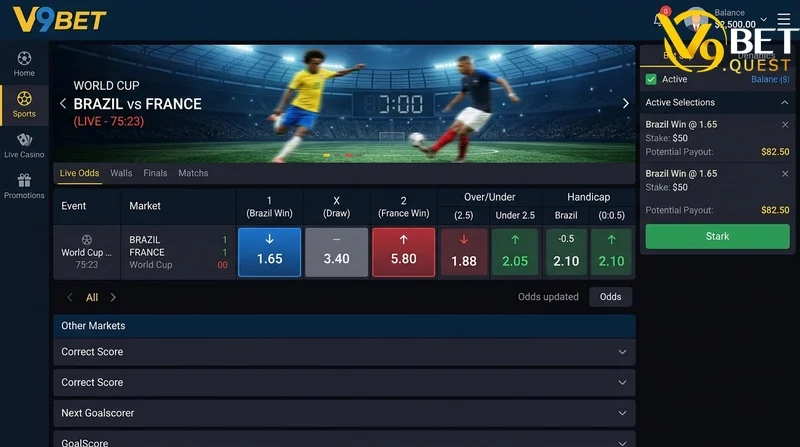 V9bet - V9bet đăng nhập @ mùa 2026-2027 An Toàn ✅ Nhanh chóng 37 (Ảnh 2: Giao diện live betting World Cup trên V9BET - minh họa bảng kèo thời gian thực)