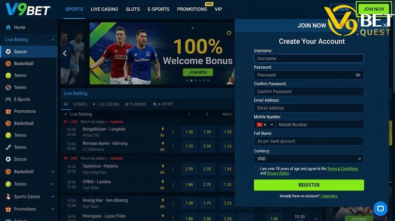 V9bet - V9bet đăng nhập @ mùa 2026-2027 An Toàn ✅ Nhanh chóng 39 (Ảnh 4: Màn hình đăng ký tài khoản V9BET và giao diện trang chủ)
